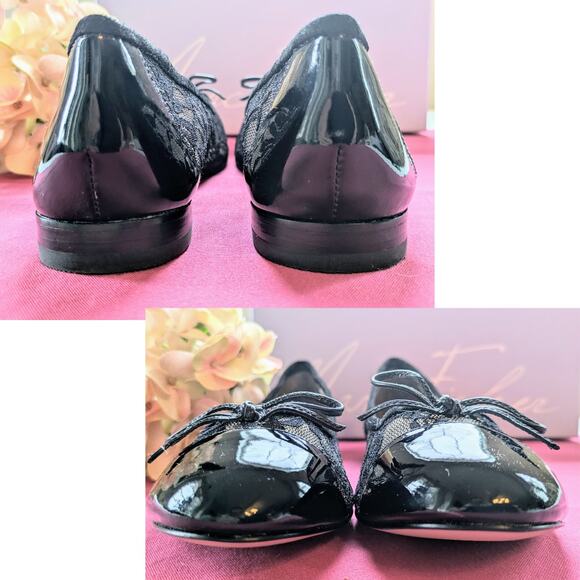 NEW Marc Fisher Jodi Black Leather Ballet Flats Floral Lace Cap Toe Bow Size 5.5 - Picture 10 of 12